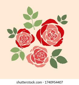 Simple vector roses with green leaves.