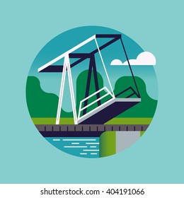 Simple Vector Round Circle Shaped Icon On Small Canal Arm Lift Bridge. Lifted Drawbridge Flat Design Illustration