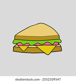 Simple vector of sandwich. This sandwich contains two slices of bread, with cheese, lettuce and tomato.