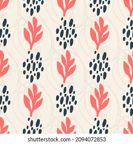 Simple vector seamless pattern. Abstract of seamless patterns with leaves and geometric shapes. Abstract pattern. Floral seamless design. Fashionable template for design. Design template.