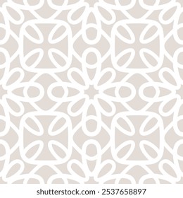 Simple vector seamless pattern. Abstract floral geometric ornament. Subtle beige and white background texture with curved lines, flower silhouettes, grid, lattice. Repeated design for decor, textile