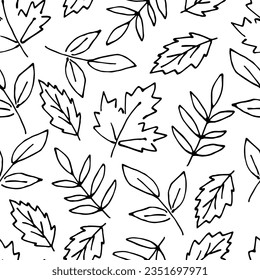 Simple vector seamless pattern with autumn leaves. Black outline on a white background. For prints of fabric, packaging, stationery.