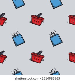 Simple vector seamless pattern with basket and package. Endless background related to shopping, supermarket, sales, black friday. Illustration for packaging paper, prints