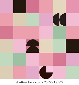 Simple Vector Seamless Pattern in Bauhaus Style Featuring Squares, Half Circles and a Vibrant Palette of Pinks, Green, Beige and Black Accents