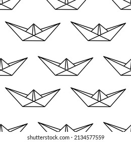 Simple vector seamless pattern with a black line paper boat on a white background. Spring theme, good for scrapbooking paper, prints, web design.