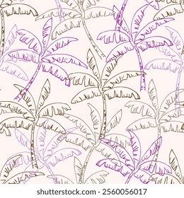 Simple vector seamless pattern. Brown purple palm trees on a pink background. For fabric prints, textiles, men's summer shirts.