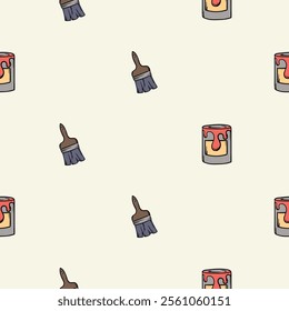 Simple vector seamless pattern with brush and paint can. Editable background with construction and repair signs and symbols, equipment and tools. Design for wrapping paper, print, decoration