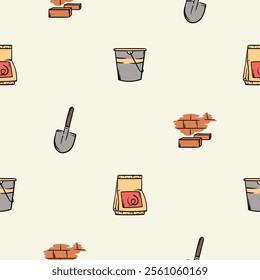 Simple vector seamless pattern with bucket, shovel, brick wall and building mixtures. Editable background with construction and repair signs and symbols, equipment and tool. Design for wrapping paper