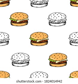 Simple vector seamless pattern. Burgers on a background white . For prints, wrapping paper, textiles, labels, packaging. Cafe, fast street food, menu.