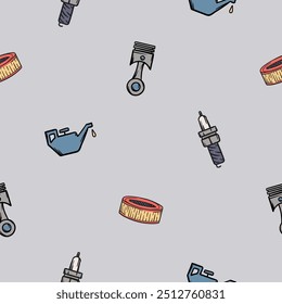 Simple vector seamless pattern of car parts, piston, filter, spark plug and oiler. Hand drawn illustration for design, advertising, wrapping paper, background