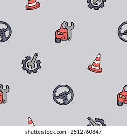 Modelo inconsútil simple del Vector con los accesorios del coche, volante, cono, llave, icono del mantenimiento. Dibujado a mano ilustración para el diseño, publicidad, papel de embalaje, fondo