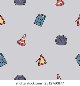 Simple vector seamless pattern with car accessories, triangle sign, speedometer, canister and cone for driving school. Hand drawn illustration for design, advertising, wrapping paper, background