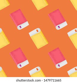 Simple vector seamless pattern of cartoon books yellow and pink on orange background.