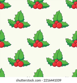 Simple vector seamless pattern of cartoon mistletoe on beige background for textile, wallpapers, wrappers, postcard. Merry Christmas and Happy New Year concept