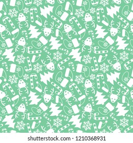 Simple vector seamless pattern with Christmas elements on pastel green background. Perfect for wrapping paper or fabric.