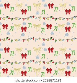 Simple vector seamless pattern with coquette bow, christmas lights. Christmas print for wrapping paper, Christmas cards, scrapbooking. Art and Illustration