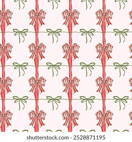 Simple vector seamless pattern with coquette bow, christmas lights. Christmas print for wrapping paper, Christmas cards, scrapbooking. Art and Illustration