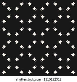 Simple vector seamless pattern with crosses, triangular shapes, flower silhouettes, grid, mesh. Abstract black and white minimal geometric texture. Repeat monochrome background. Stylish dark design
