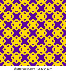 Simple vector seamless pattern with curved shapes, crosses. Crazy bright colors, neon purple and yellow. Abstract geometric background texture. 1990s fashion style. Repeat design for decor, print