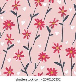 Simple vector seamless pattern with cute floral drawings. Chamomile plants. Wallpaper or background for printing on paper or fabric. Great ornament for the interior of a children's room