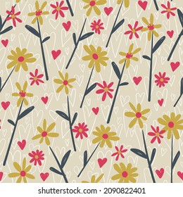 Simple vector seamless pattern with cute floral drawings. Chamomile plants. Wallpaper or background for printing on paper or fabric. Great ornament for the interior of a children's room