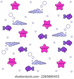 A simple vector seamless pattern with cute starfish, fish and shells in the doodle style. Marine design. Ideal for children's design, textiles, clothing, wrapping paper and packaging