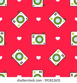 Simple vector seamless pattern. Cute photo camera and hearts. Flat cartoon style. Black, white, blue, red