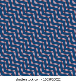 Simple vector seamless pattern with diagonal stripes, lines, chevron, zigzag. Navy blue and coral color. Abstract geometric background texture. Modern linear ornament. Stylish repeat decorative design