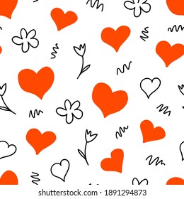 Simple vector seamless pattern in doodle style. Red hearts and flowers on a white background. For textile prints, wrapping paper, stationery