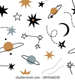 Simple vector seamless pattern. Doodle hand drawn planets, comets, stars, constellations. Minimalist texture for childish textile, fabric, paper. Sky, space, universe background for kids