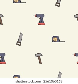 Simple vector seamless pattern with drill, hammer, saw and tape measure. Editable background with construction and repair signs and symbols, equipment and tools. Design for wrapping paper, print