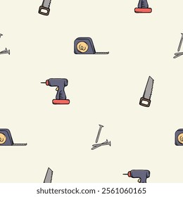 Simple vector seamless pattern with drill, saw, shovel and nails. Editable background with construction and repair signs and symbols, equipment and tools. Design for wrapping paper, print, decoration