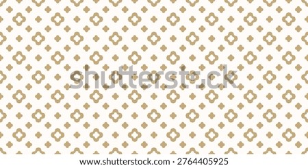 Simple vector seamless pattern. Elegant gold and white floral geometric texture with flower silhouettes, cross shapes, stars. Minimalist abstract graphic background. Golden ornament. Repeated design