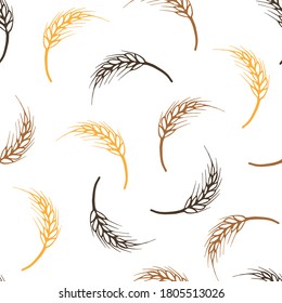 Simple vector seamless pattern. Gold, brown spikelet of wheat on a white background. Seasonal farm grain harvest. Organic crop production. For prints of textiles, fabrics, packaging, flour, bread.