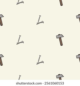 Simple vector seamless pattern with hammer and nails. Editable background with construction and repair signs and symbols, equipment and tools. Design for wrapping paper, print, decoration