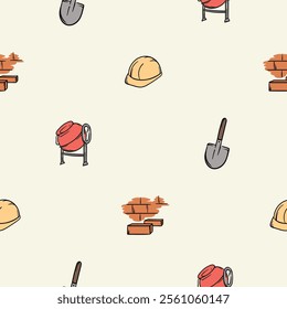 Simple vector seamless pattern with hard hat, brick wall, concrete mixer and shovel. Editable background with construction and repair signs and symbols, equipment and tools. Design for decoration