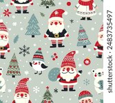 Simple vector seamless pattern for kids with Santa, Christmas tree and snowflakes. Christmas print for wrapping paper, Christmas cards, scrapbooking