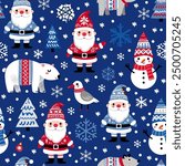 Simple vector seamless pattern for kids with Santa, Christmas tree and snowflakes. Christmas print for wrapping paper, Christmas cards, scrapbooking