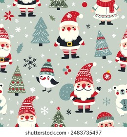 Simple vector seamless pattern for kids with Santa, Christmas tree and snowflakes. Christmas print for wrapping paper, Christmas cards, scrapbooking