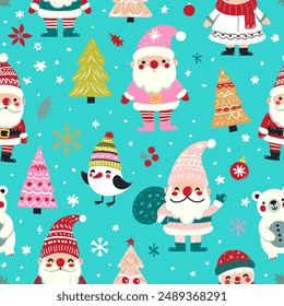 Simple vector seamless pattern for kids with Santa, Christmas tree and snowflakes. Christmas print for wrapping paper, Christmas cards, scrapbooking