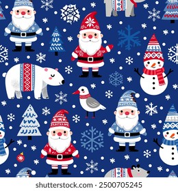 Simple vector seamless pattern for kids with Santa, Christmas tree and snowflakes. Christmas print for wrapping paper, Christmas cards, scrapbooking