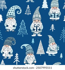 Simple vector seamless pattern for kids with cute christmas gnomes, forest trees and snowflakes. Christmas print for wrapping paper, Christmas cards, scrapbooking