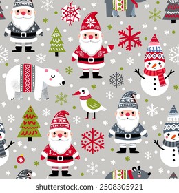 Simple vector seamless pattern for kids with Santa, Christmas tree and snowflakes. Christmas print for wrapping paper, Christmas cards, scrapbooking