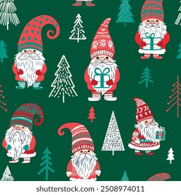 Simple vector seamless pattern for kids with cute christmas gnomes, forest trees and snowflakes. Christmas print for wrapping paper, Christmas cards, scrapbooking