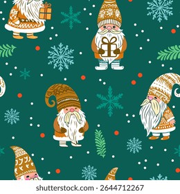 Simple vector seamless pattern for kids with cute christmas gnomes, forest trees and snowflakes. Christmas print for wrapping paper, Christmas cards, scrapbooking