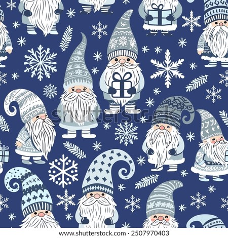 Simple vector seamless pattern for kids with cute christmas gnomes and snowflakes. Christmas print for wrapping paper, Christmas cards, scrapbooking