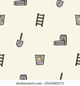 Simple vector seamless pattern with ladder, shovel, cement bags and bucket. Editable background with construction and repair signs and symbols, equipment and tools. Design for wrapping paper, print