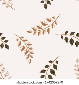 Simple vector seamless pattern with leaves, branches, twigs. Abstract brown leaf texture on white backdrop. Elegant minimal floral background. Doodle style illustration. Repeat design for decor, print