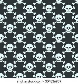 Simple vector seamless pattern with neat rows light human skulls on dark background