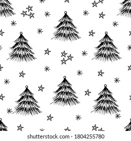 Simple vector seamless pattern for New Year's design. Christmas tree, snowflakes, stars black outline on a white background. For prints of gift wrapping, textiles, paper.